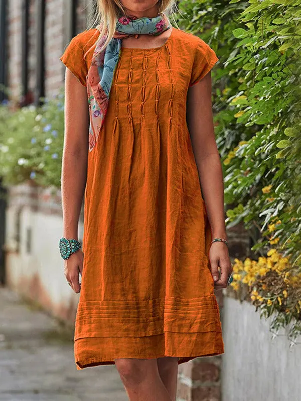 Casual Mid-Length Dress with Pleated Front and Short Sleeves