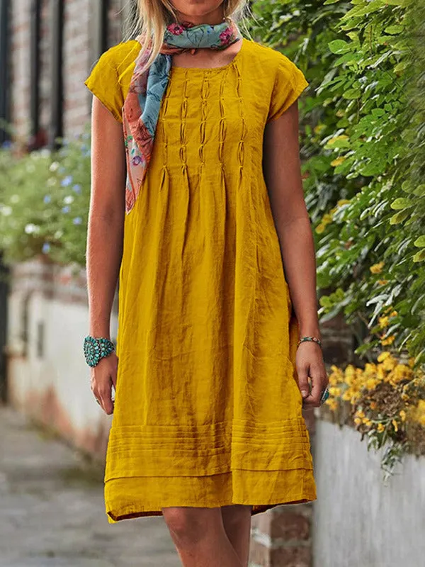 Casual Mid-Length Dress with Pleated Front and Short Sleeves