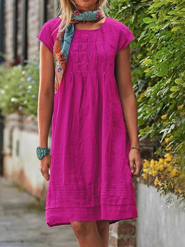 Casual Mid-Length Dress with Pleated Front and Short Sleeves