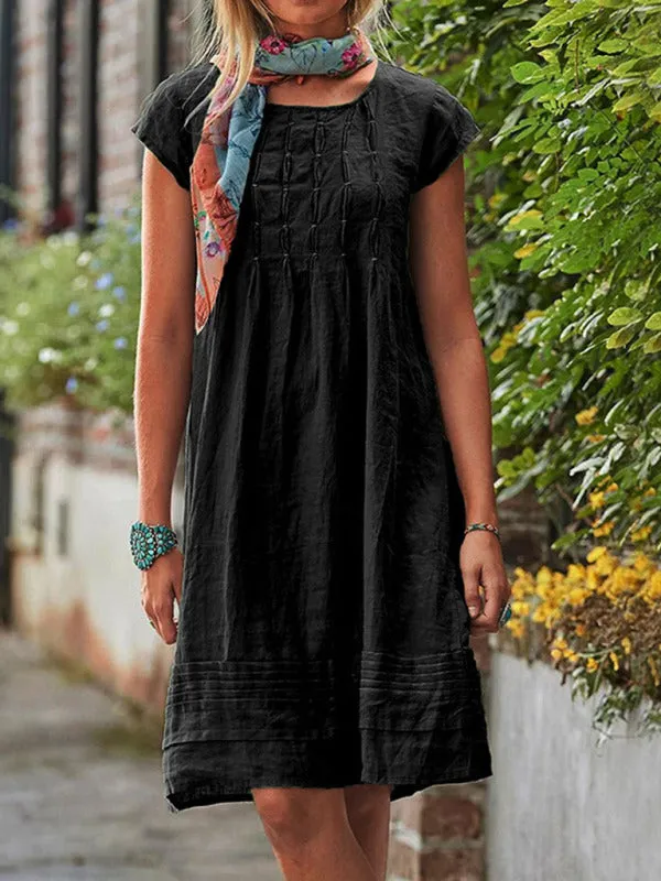 Casual Mid-Length Dress with Pleated Front and Short Sleeves