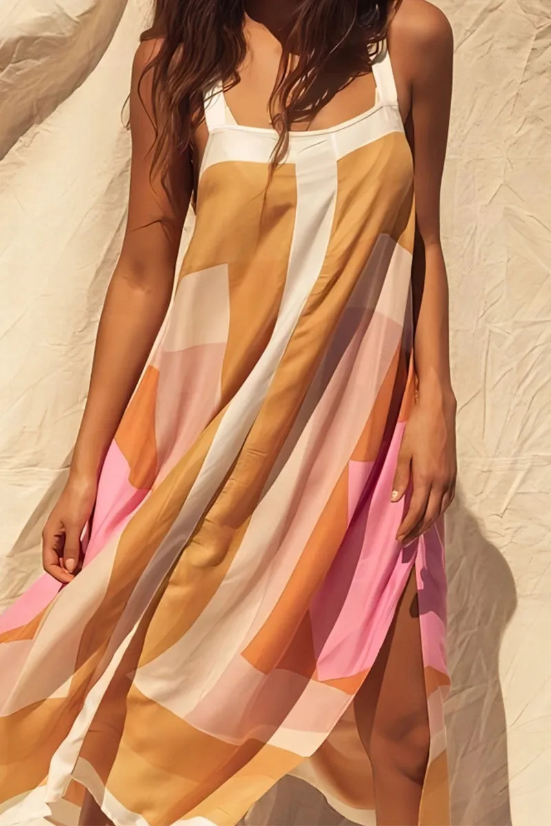 Casual Vacation Print Color Block Contrast Square Collar Printed Dresses