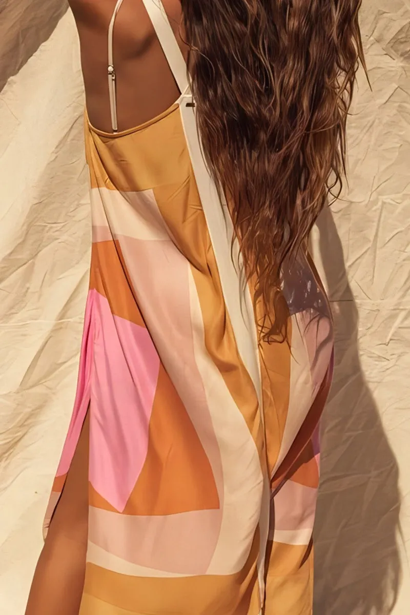 Casual Vacation Print Color Block Contrast Square Collar Printed Dresses