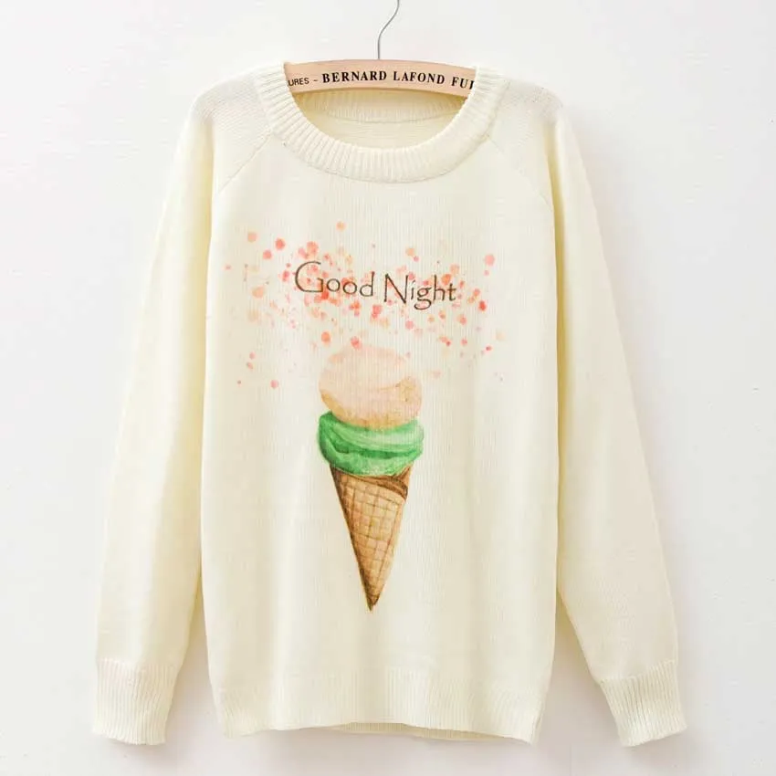 Cat party print Harajuku Wool Blend Knitwear Sweaters Women's Pullover O-neck Long Sleeve fashion Slim Knitted Clothing