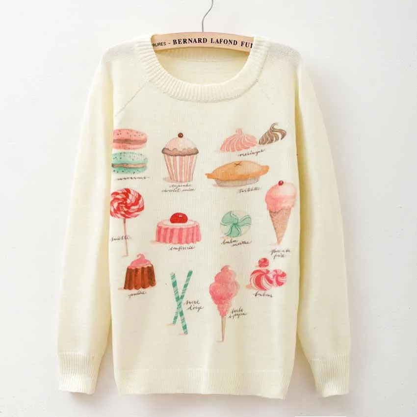 Cat party print Harajuku Wool Blend Knitwear Sweaters Women's Pullover O-neck Long Sleeve fashion Slim Knitted Clothing