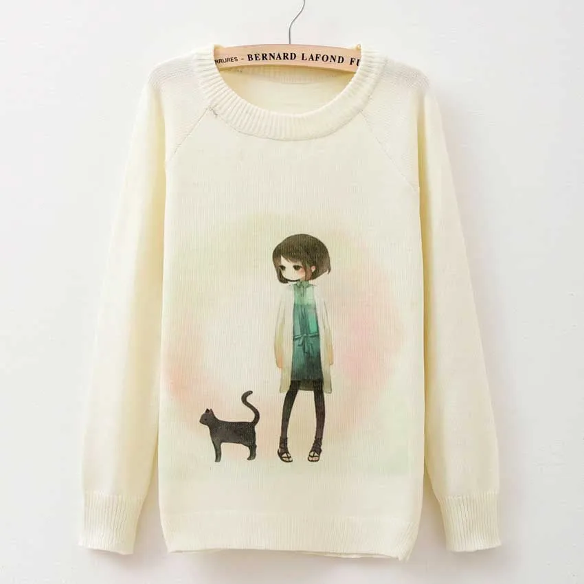 Cat party print Harajuku Wool Blend Knitwear Sweaters Women's Pullover O-neck Long Sleeve fashion Slim Knitted Clothing