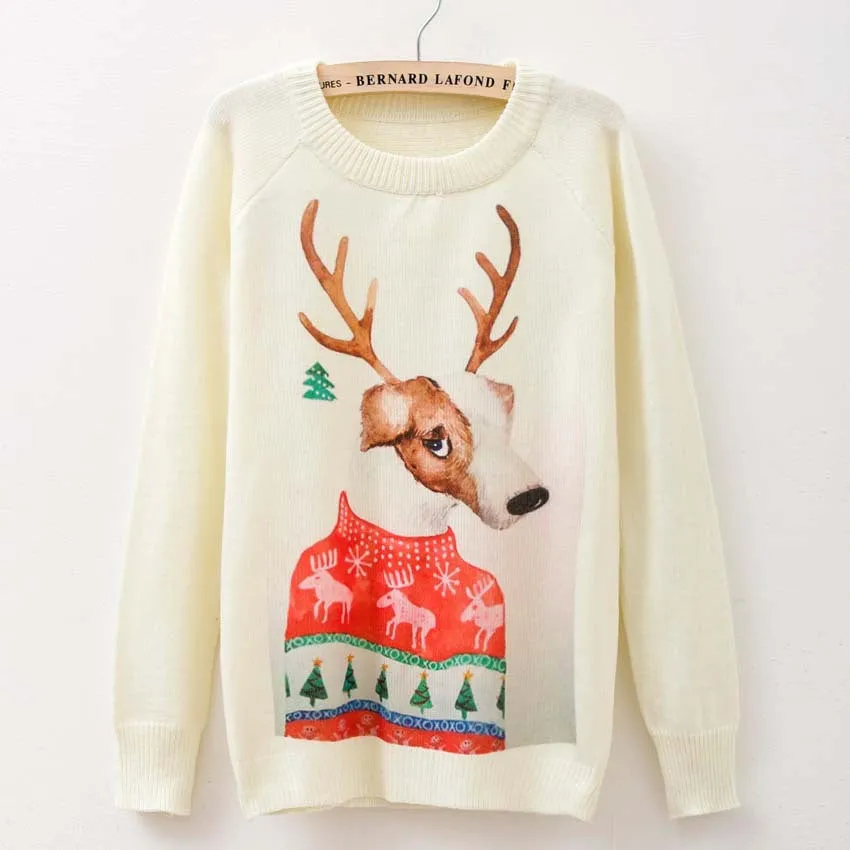 Cat party print Harajuku Wool Blend Knitwear Sweaters Women's Pullover O-neck Long Sleeve fashion Slim Knitted Clothing