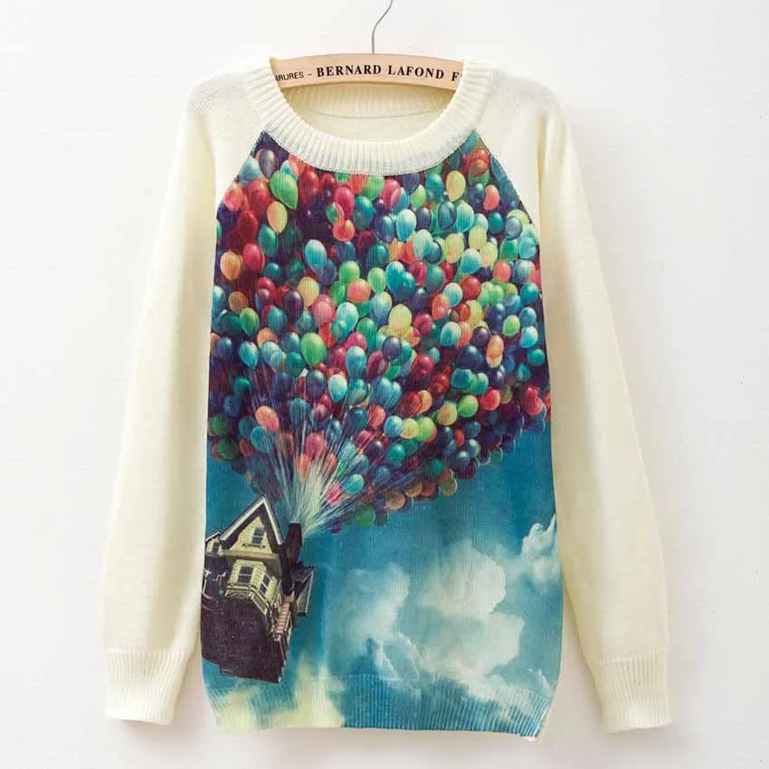 Cat party print Harajuku Wool Blend Knitwear Sweaters Women's Pullover O-neck Long Sleeve fashion Slim Knitted Clothing