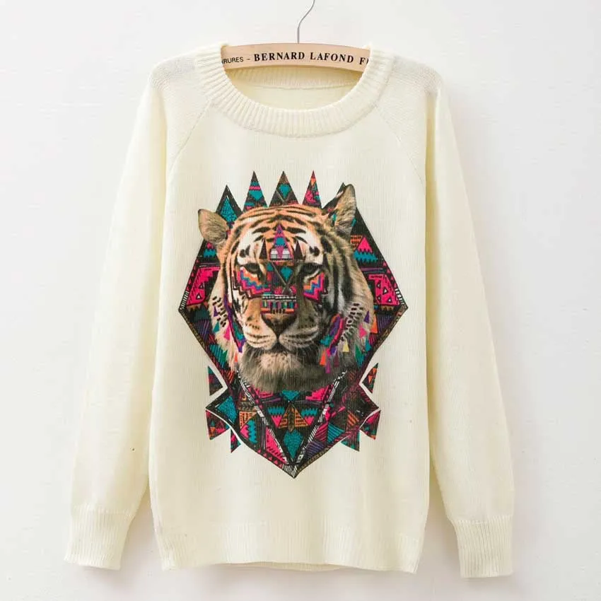 Cat party print Harajuku Wool Blend Knitwear Sweaters Women's Pullover O-neck Long Sleeve fashion Slim Knitted Clothing
