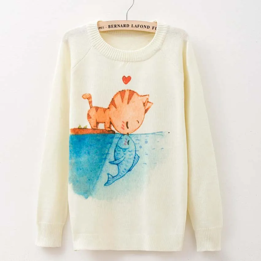 Cat party print Harajuku Wool Blend Knitwear Sweaters Women's Pullover O-neck Long Sleeve fashion Slim Knitted Clothing