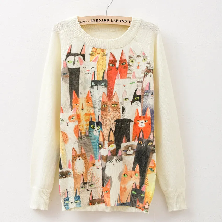 Cat party print Harajuku Wool Blend Knitwear Sweaters Women's Pullover O-neck Long Sleeve fashion Slim Knitted Clothing