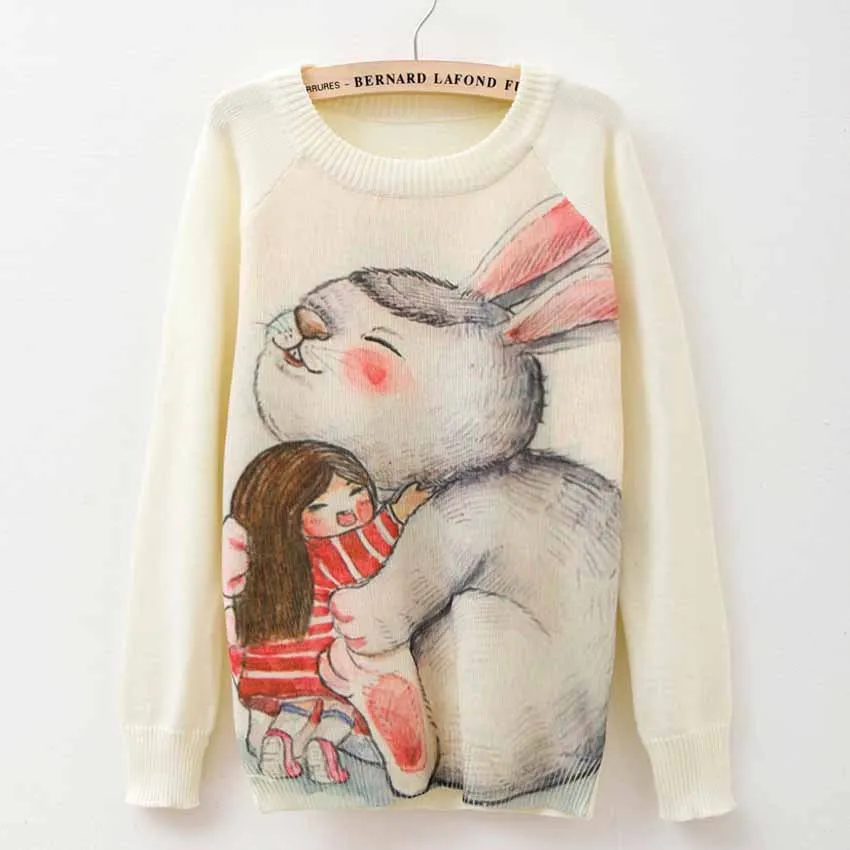 Cat party print Harajuku Wool Blend Knitwear Sweaters Women's Pullover O-neck Long Sleeve fashion Slim Knitted Clothing