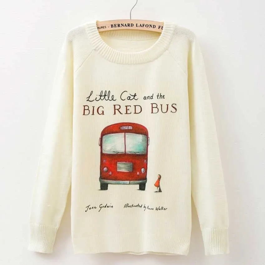 Cat party print Harajuku Wool Blend Knitwear Sweaters Women's Pullover O-neck Long Sleeve fashion Slim Knitted Clothing