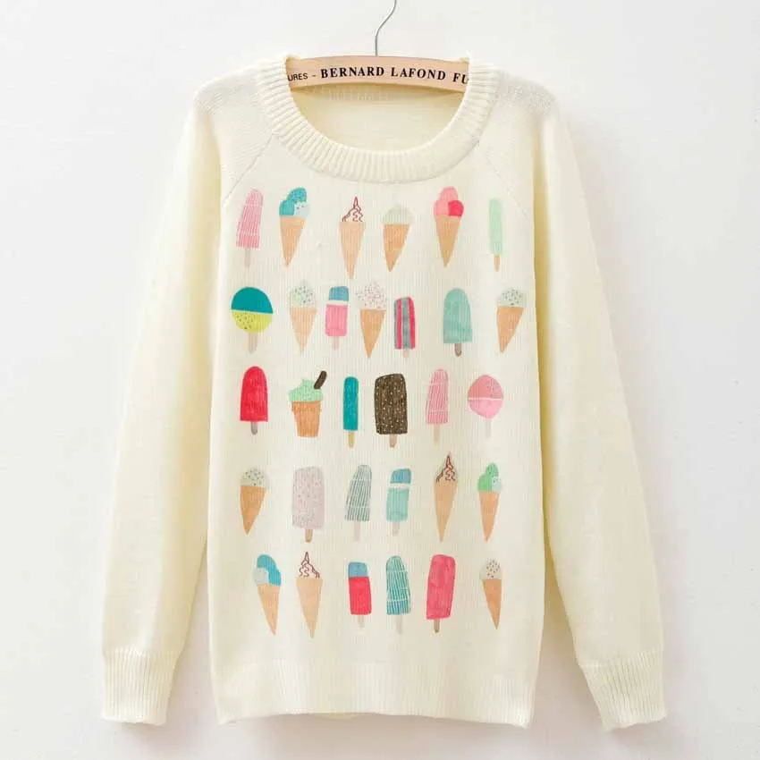 Cat party print Harajuku Wool Blend Knitwear Sweaters Women's Pullover O-neck Long Sleeve fashion Slim Knitted Clothing