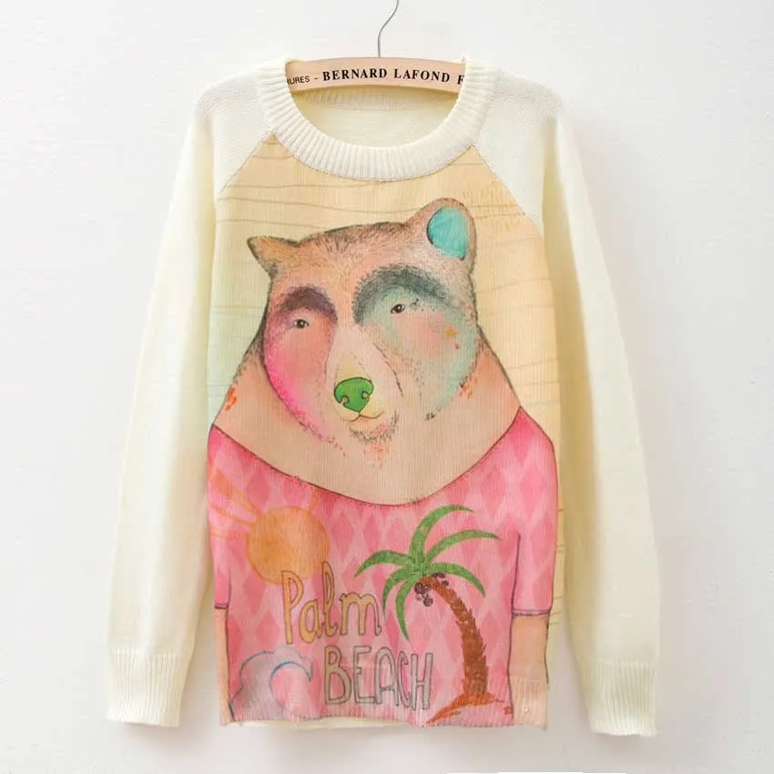 Cat party print Harajuku Wool Blend Knitwear Sweaters Women's Pullover O-neck Long Sleeve fashion Slim Knitted Clothing