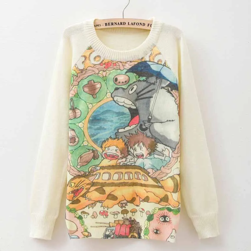 Cat party print Harajuku Wool Blend Knitwear Sweaters Women's Pullover O-neck Long Sleeve fashion Slim Knitted Clothing