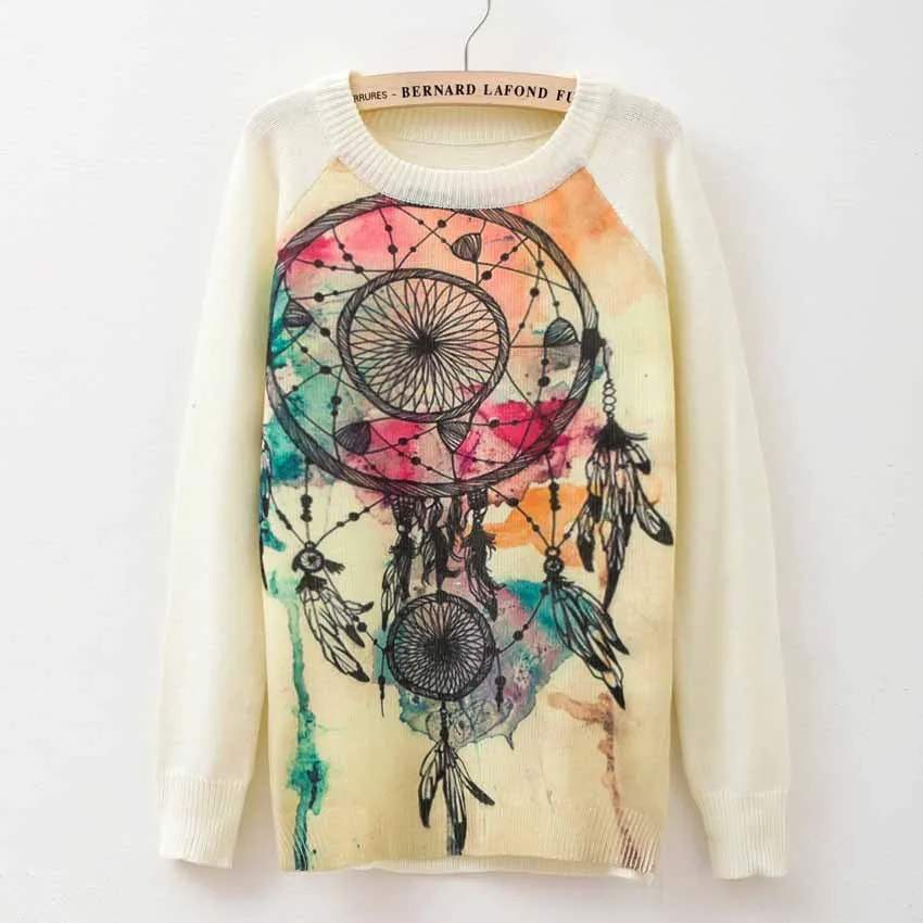 Cat party print Harajuku Wool Blend Knitwear Sweaters Women's Pullover O-neck Long Sleeve fashion Slim Knitted Clothing