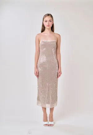 Cerise Silver Square Neck Spaghetti Strap Sequins Bodycon Maxi Dress