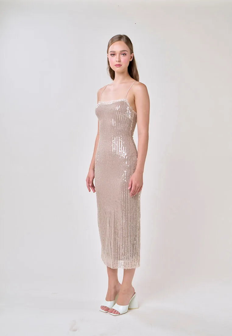 Cerise Silver Square Neck Spaghetti Strap Sequins Bodycon Maxi Dress
