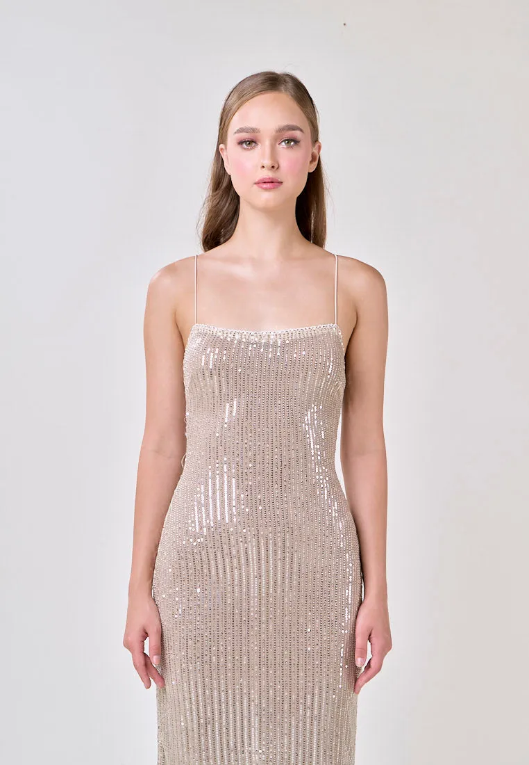 Cerise Silver Square Neck Spaghetti Strap Sequins Bodycon Maxi Dress