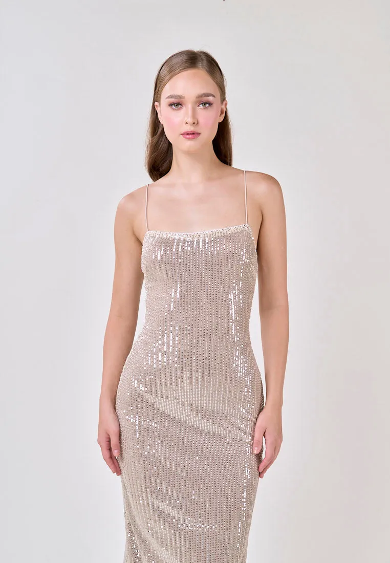 Cerise Silver Square Neck Spaghetti Strap Sequins Bodycon Maxi Dress