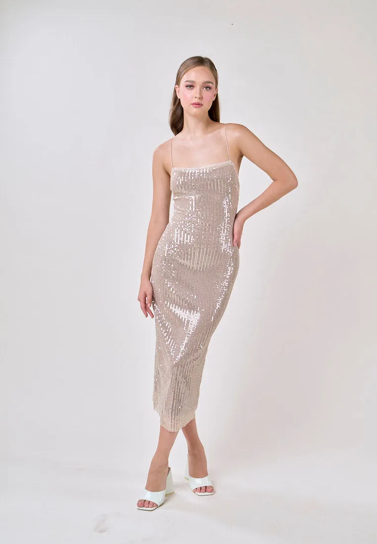 Cerise Silver Square Neck Spaghetti Strap Sequins Bodycon Maxi Dress