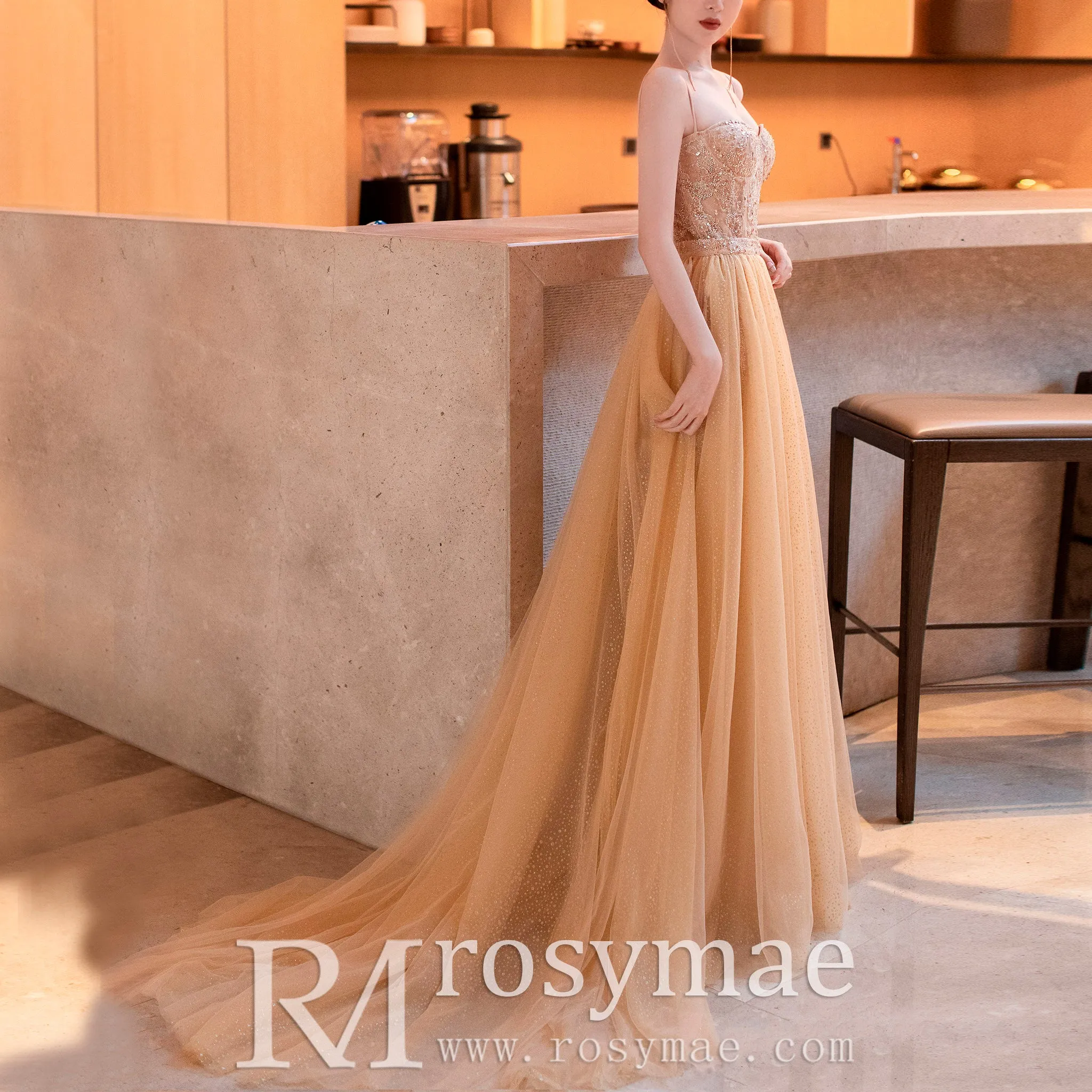 Champagne Evening Dresses with Detachable Skirt Sequin