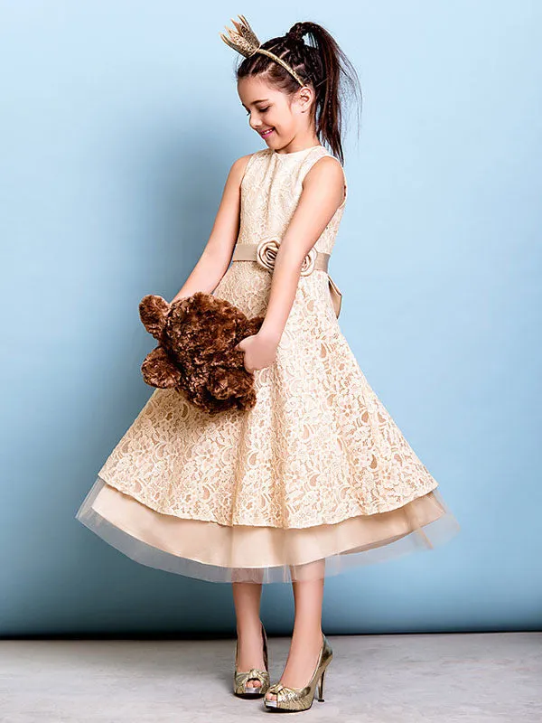 Champagne Golden Jewel Neck Sleeveless A-line Lace Kids Party Dresses