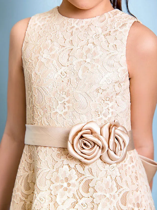Champagne Golden Jewel Neck Sleeveless A-line Lace Kids Party Dresses