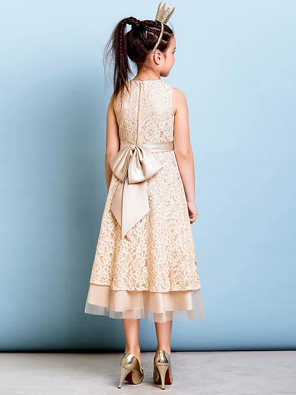Champagne Golden Jewel Neck Sleeveless A-line Lace Kids Party Dresses