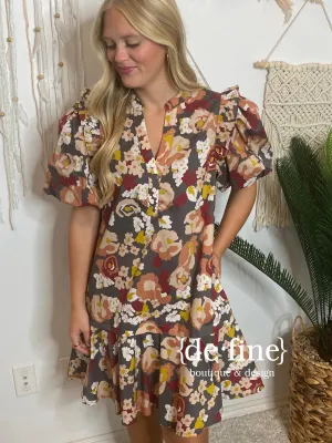 Charcoal Floral V-Neck Knee Length Dress