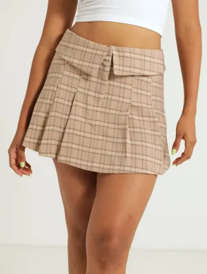 Check Turn Down Pleat Skirt - Stone