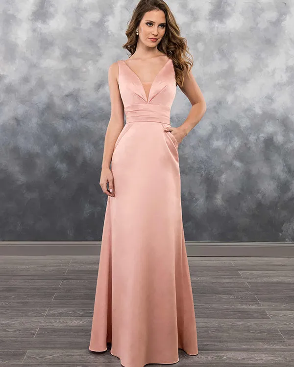 Coral Satin Long Bridesmaid Dresses with Pockets Sexy V-Neck Party Gowns Floor Length