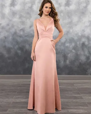 Coral Satin Long Bridesmaid Dresses with Pockets Sexy V-Neck Party Gowns Floor Length