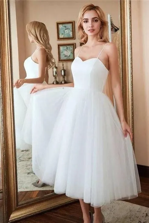 Corset Back Midi-length Bride Dress with Thin Straps