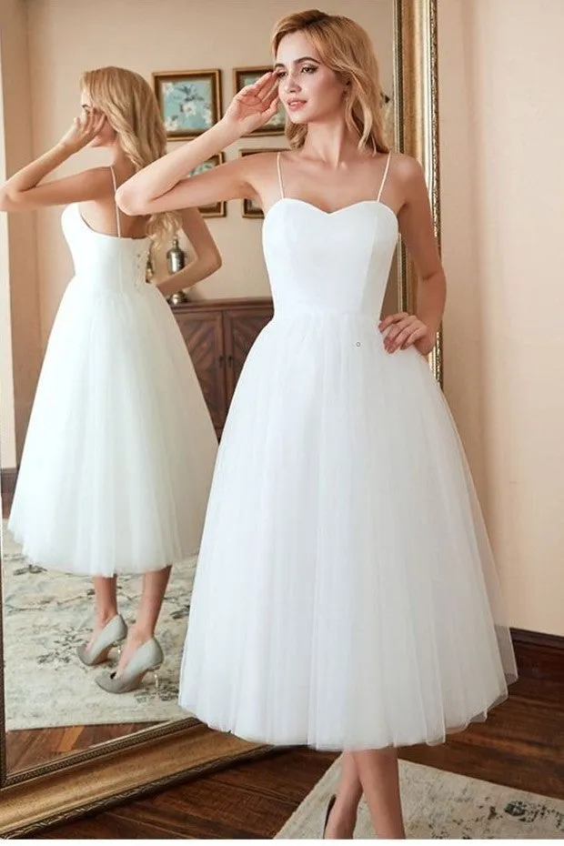 Corset Back Midi-length Bride Dress with Thin Straps