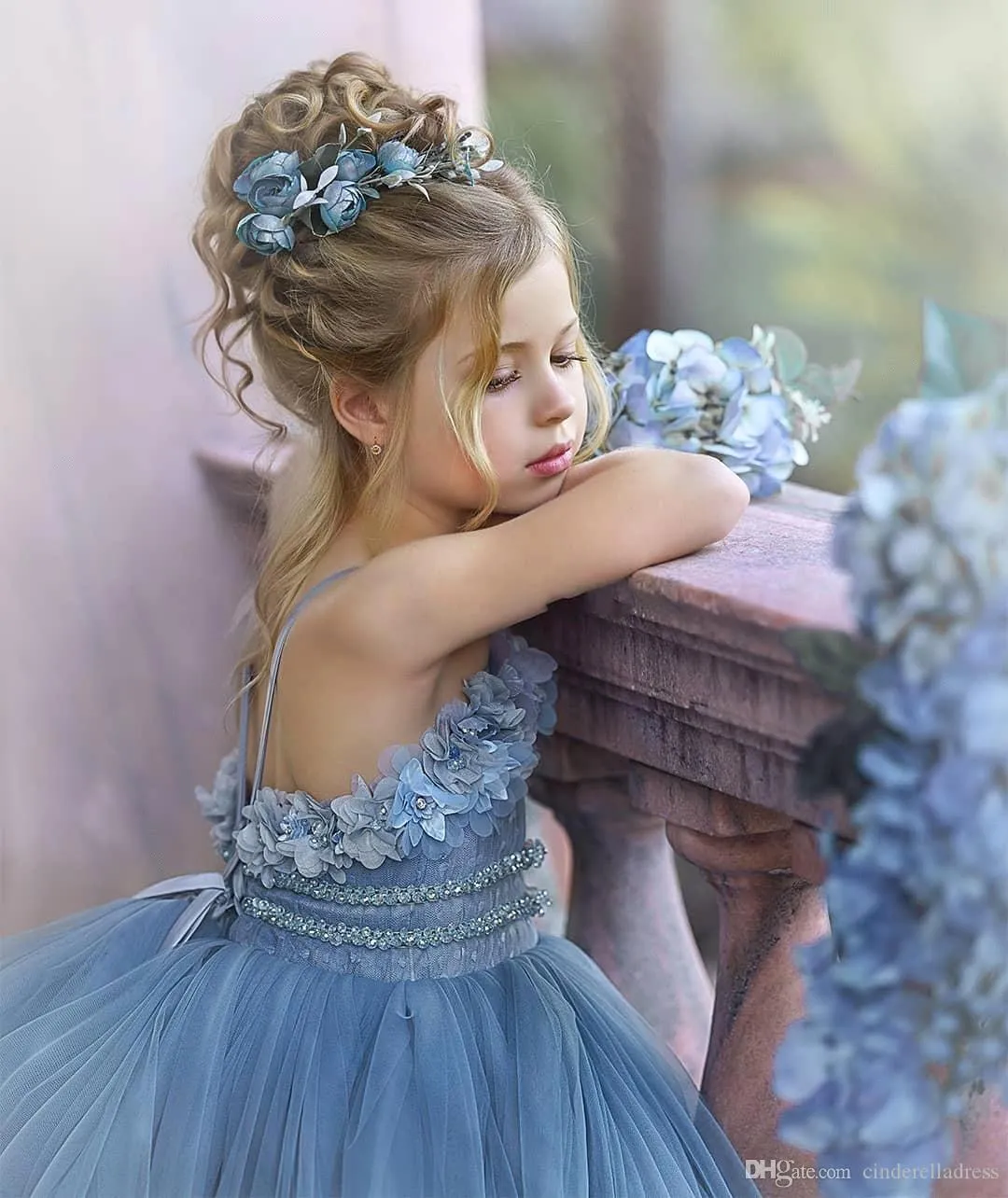 Cute Long Dusty Blue Ball Gown Strapless Princess Flower Girl Dresses