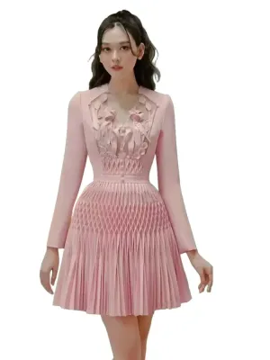 Dress V-neck Pleated Buttons 3D Flower Patchwork A-line Women's Evening Party Dresses
