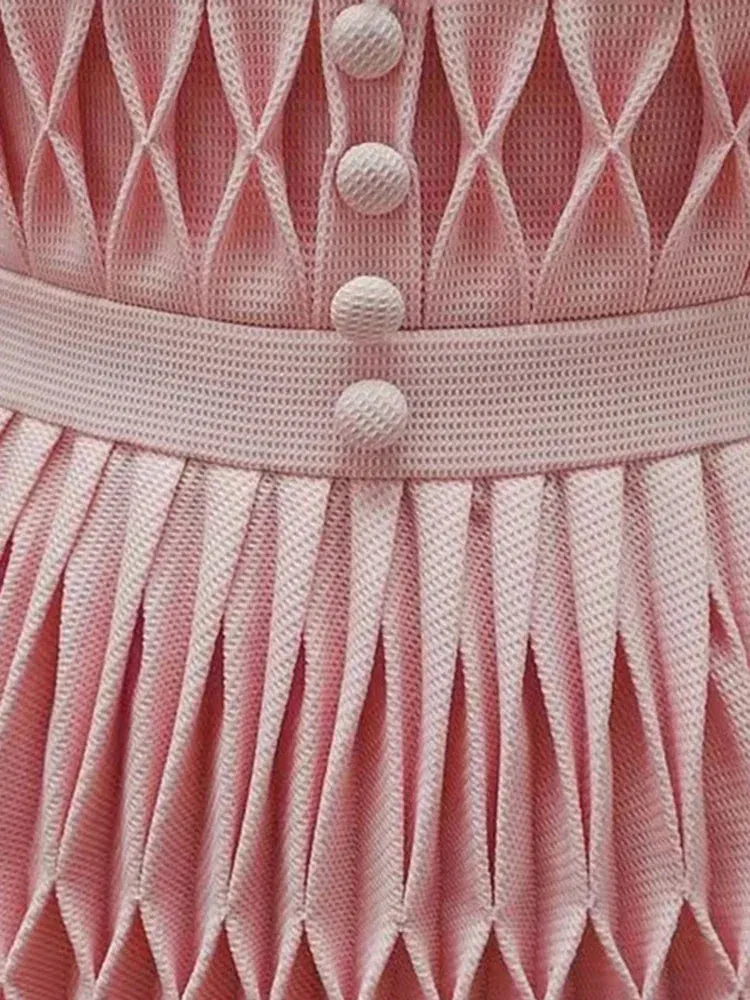 Dress V-neck Pleated Buttons 3D Flower Patchwork A-line Women's Evening Party Dresses