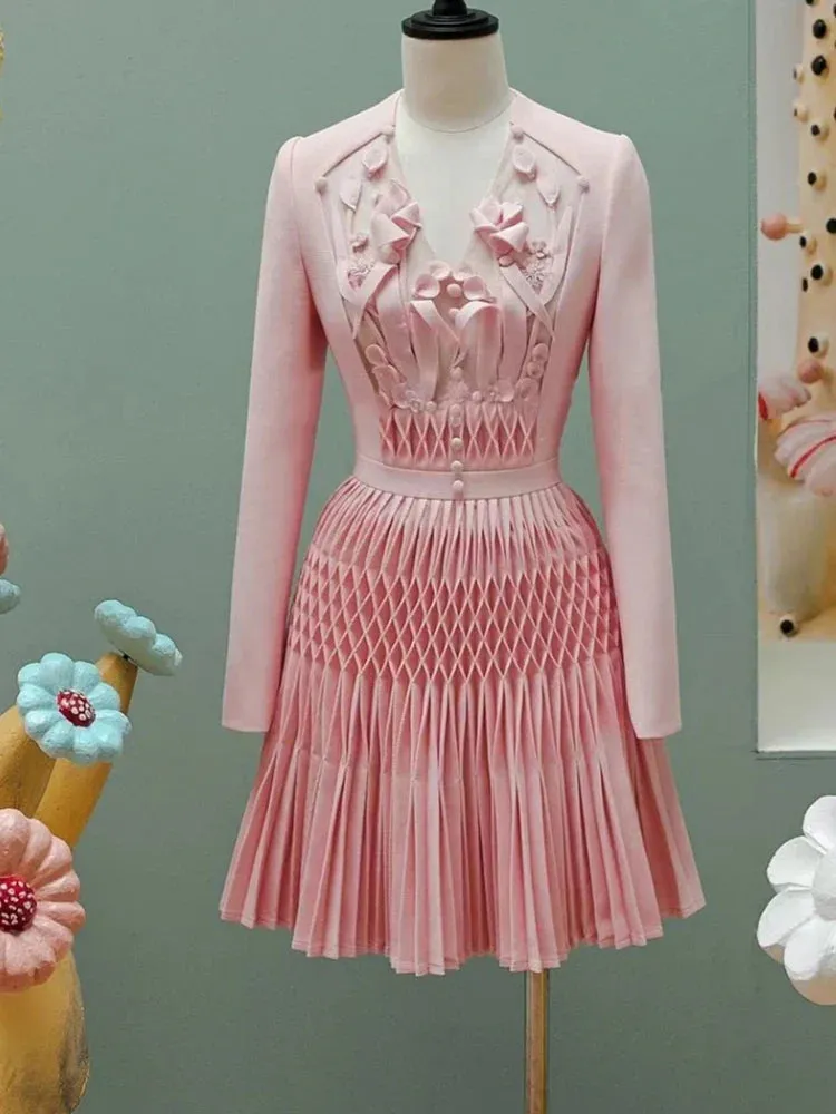 Dress V-neck Pleated Buttons 3D Flower Patchwork A-line Women's Evening Party Dresses