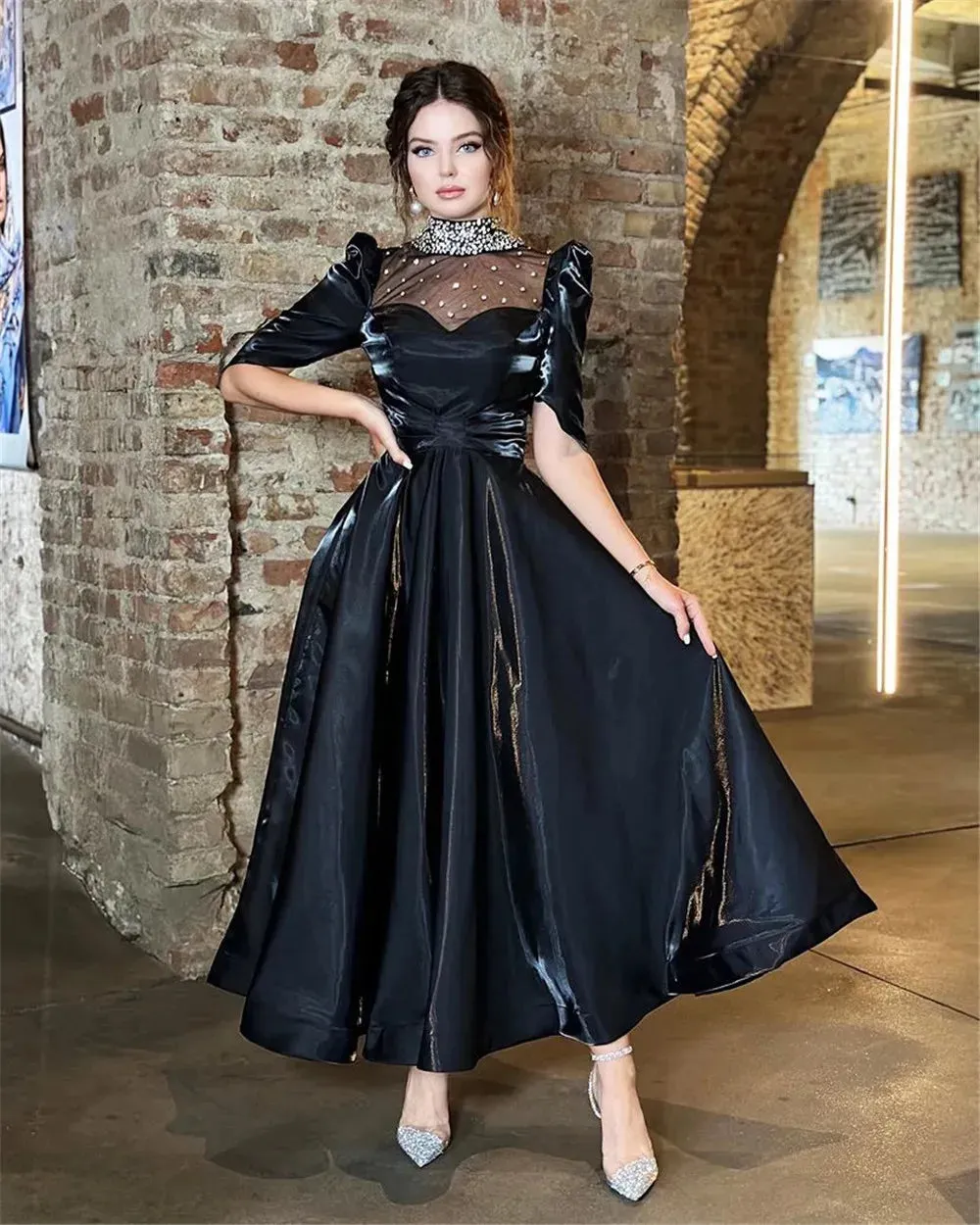 Elegant Green Arabia Prom Dresses Taffeta O-Neck Half Sleeves Sequineds Tea Length Evening Dresses Women Party Gowns