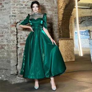 Elegant Green Arabia Prom Dresses Taffeta O-Neck Half Sleeves Sequineds Tea Length Evening Dresses Women Party Gowns