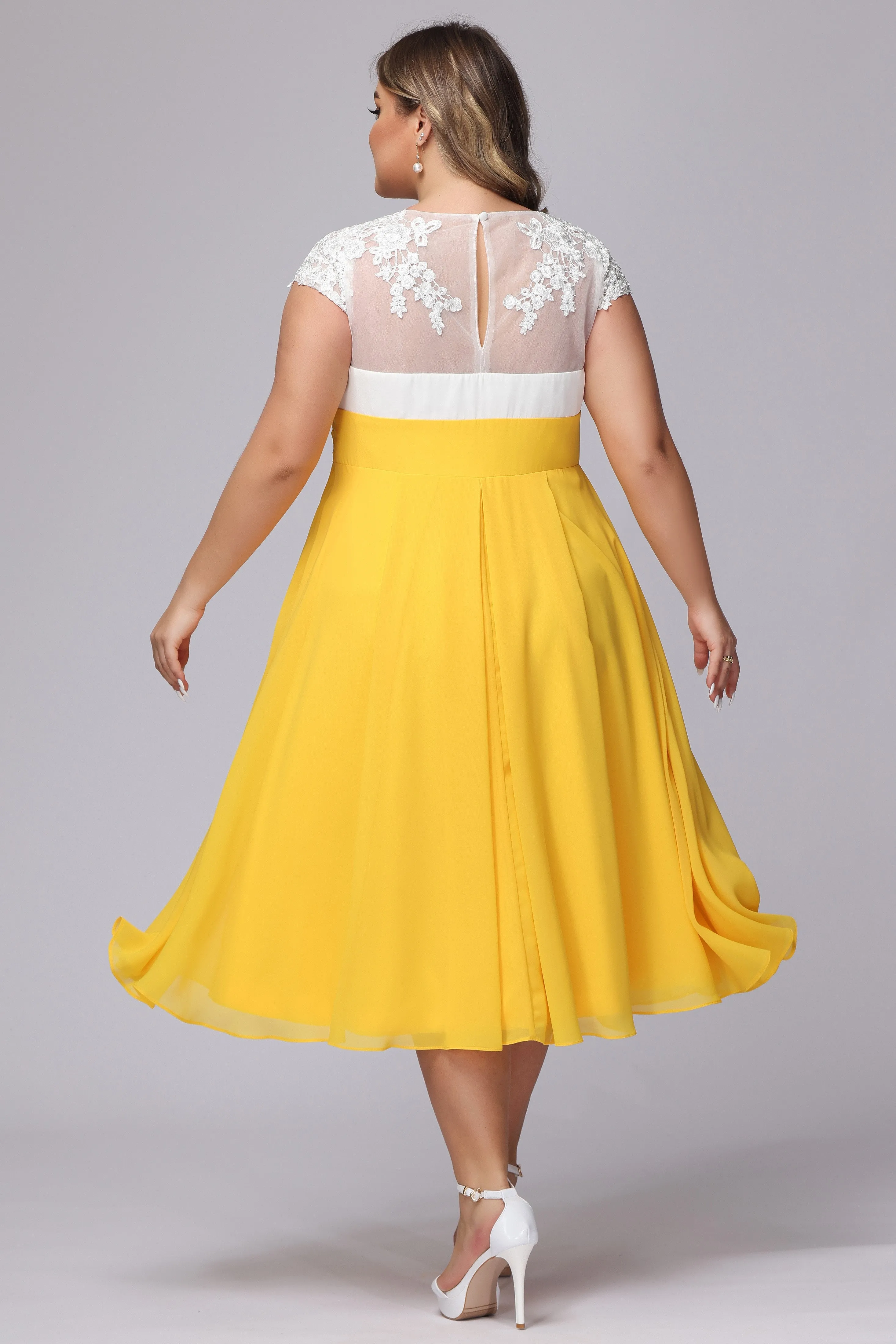 Elegant Lace Top Chiffon Tea-Length Mother of the Bride Dresses