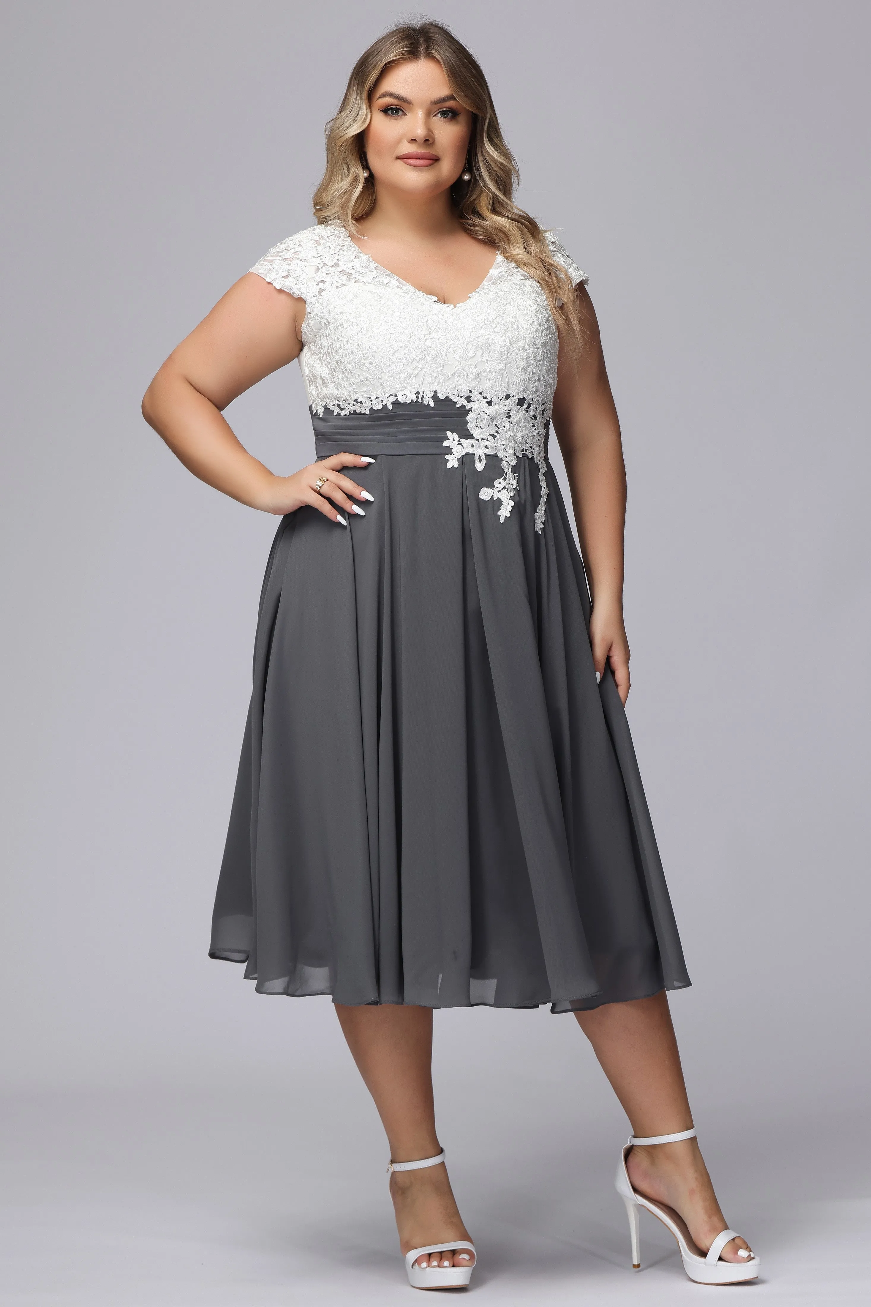 Elegant Lace Top Chiffon Tea-Length Mother of the Bride Dresses