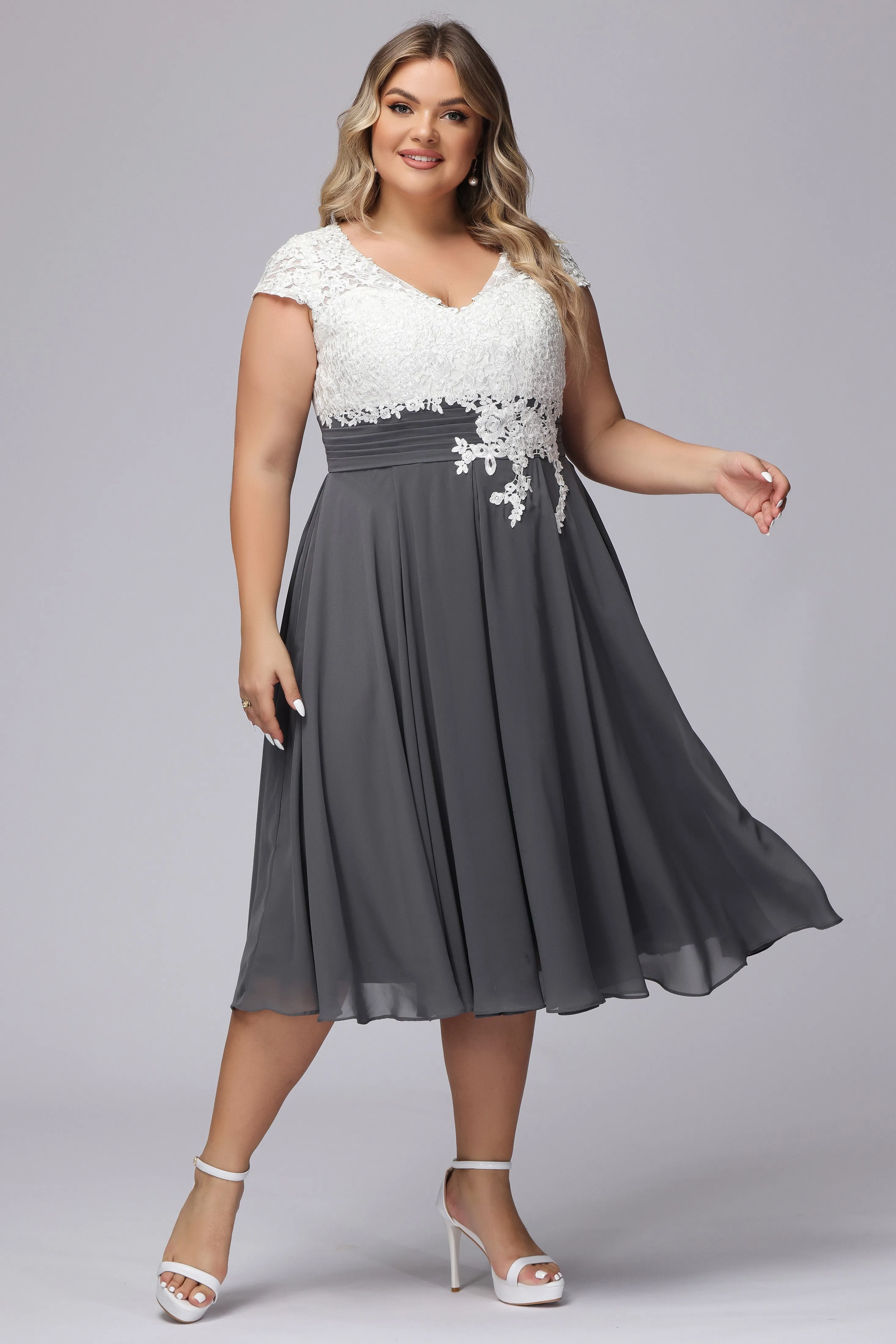 Elegant Lace Top Chiffon Tea-Length Mother of the Bride Dresses