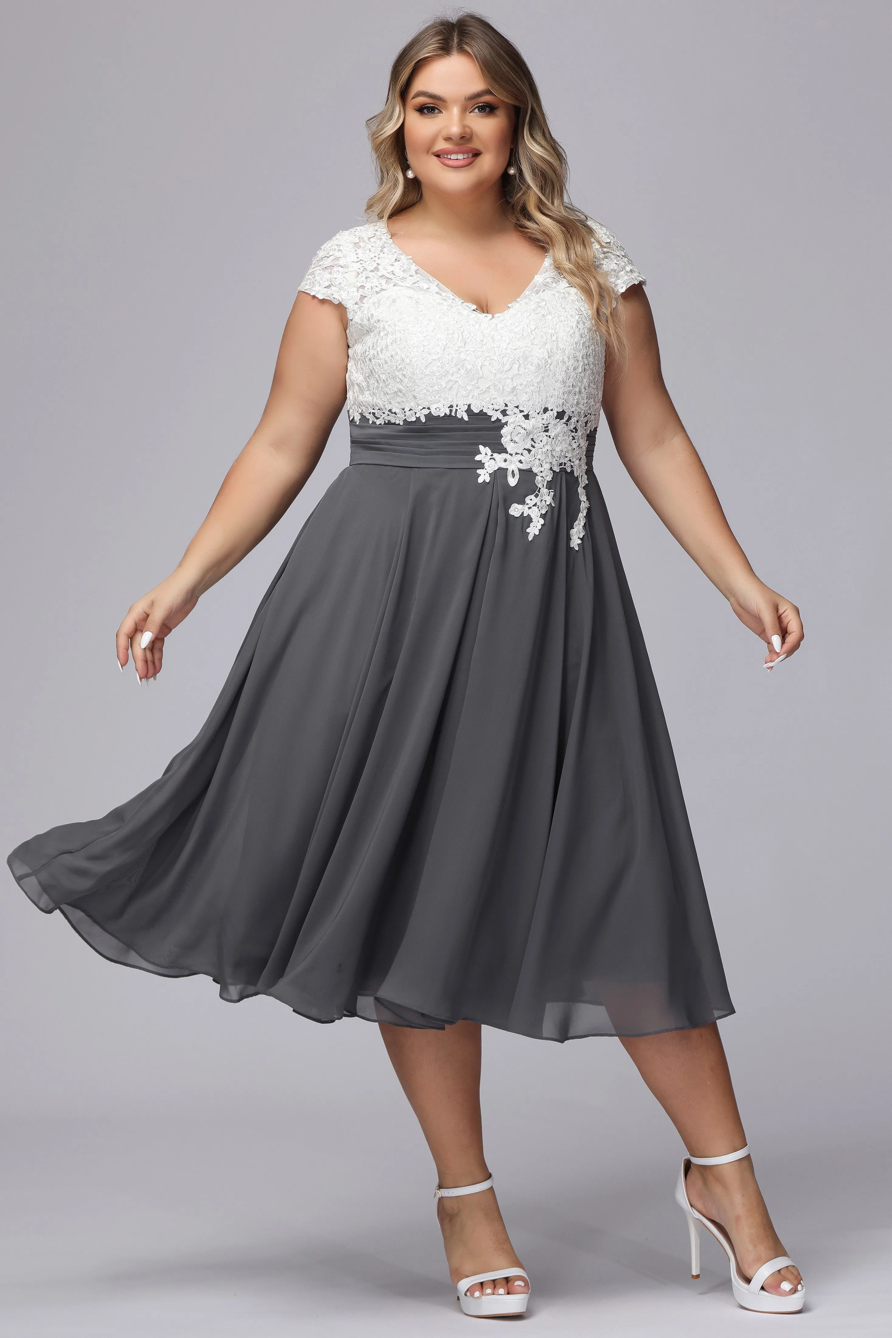 Elegant Lace Top Chiffon Tea-Length Mother of the Bride Dresses