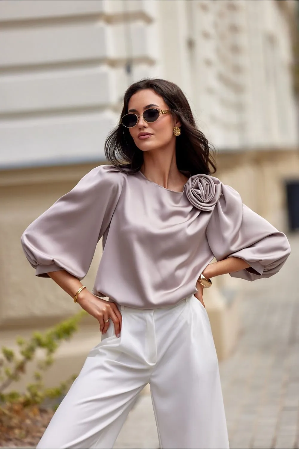Elegant Satin Puff Sleeve Blouse