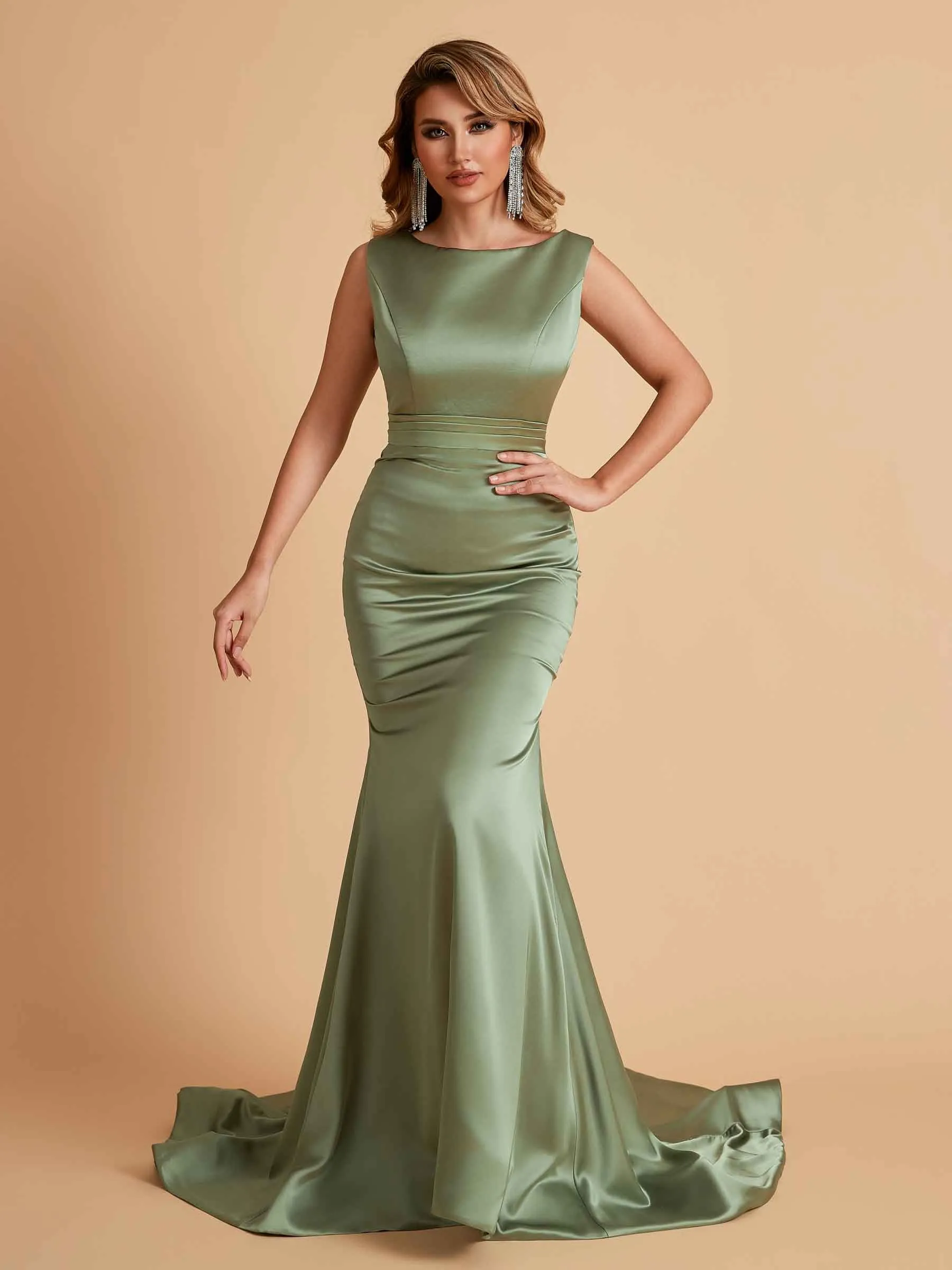 Elegant Satin Sleeveless Pleats Mermaid Bridesmaid Dresses Floor Length
