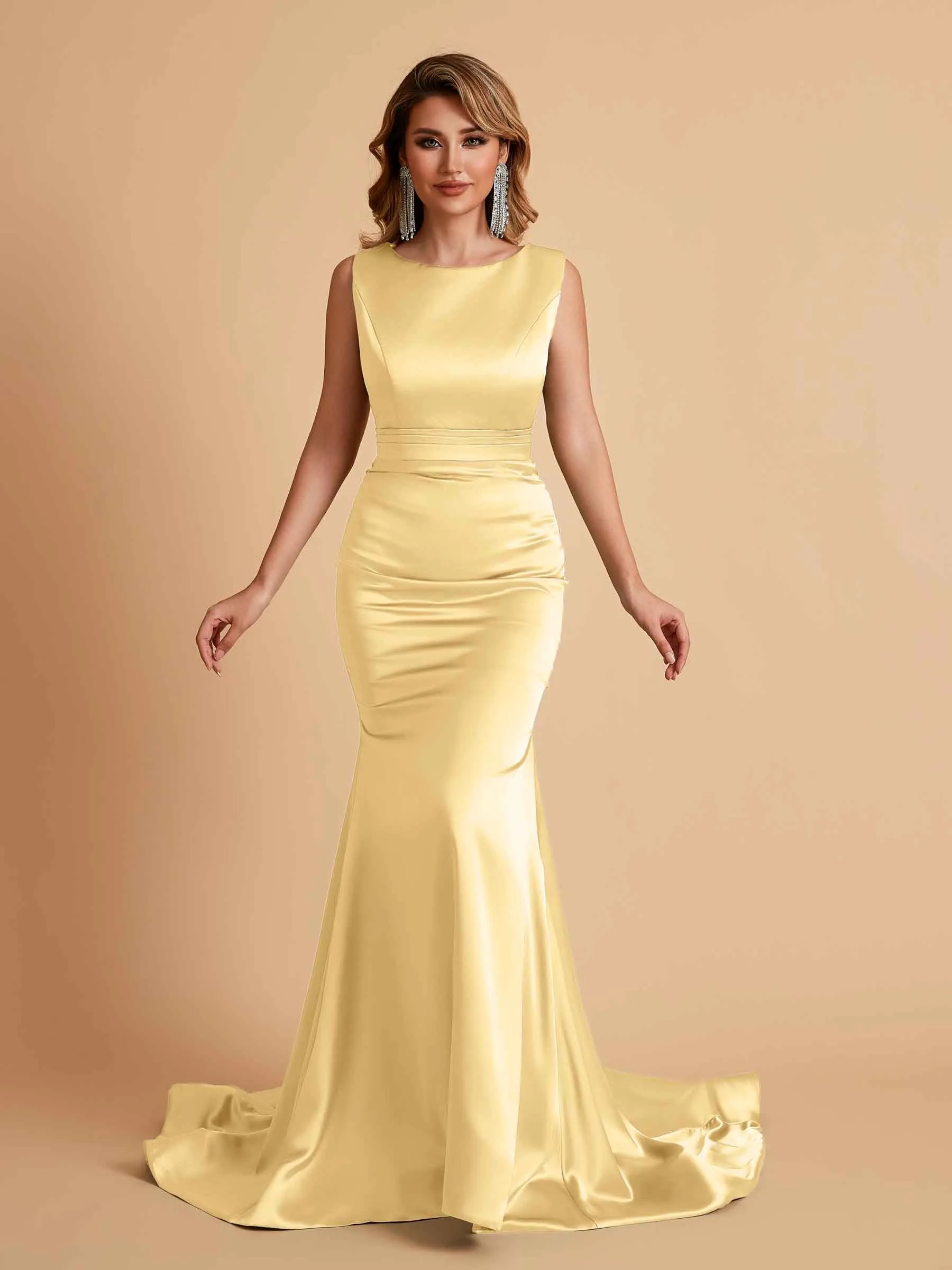 Elegant Satin Sleeveless Pleats Mermaid Bridesmaid Dresses Floor Length