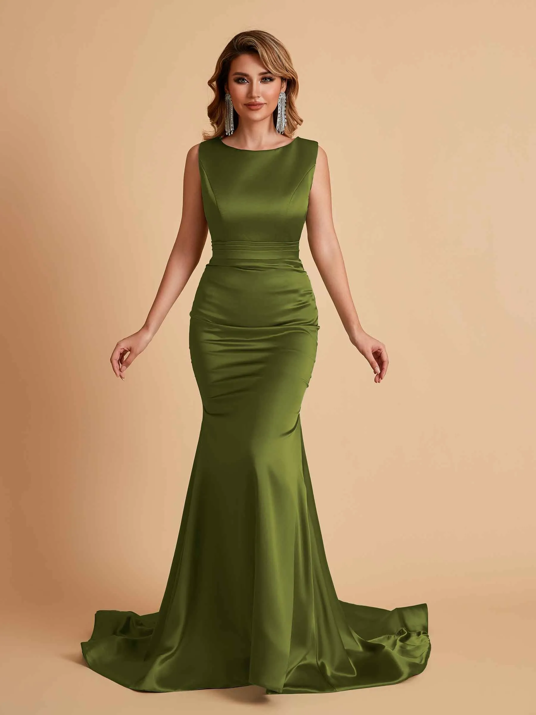 Elegant Satin Sleeveless Pleats Mermaid Bridesmaid Dresses Floor Length