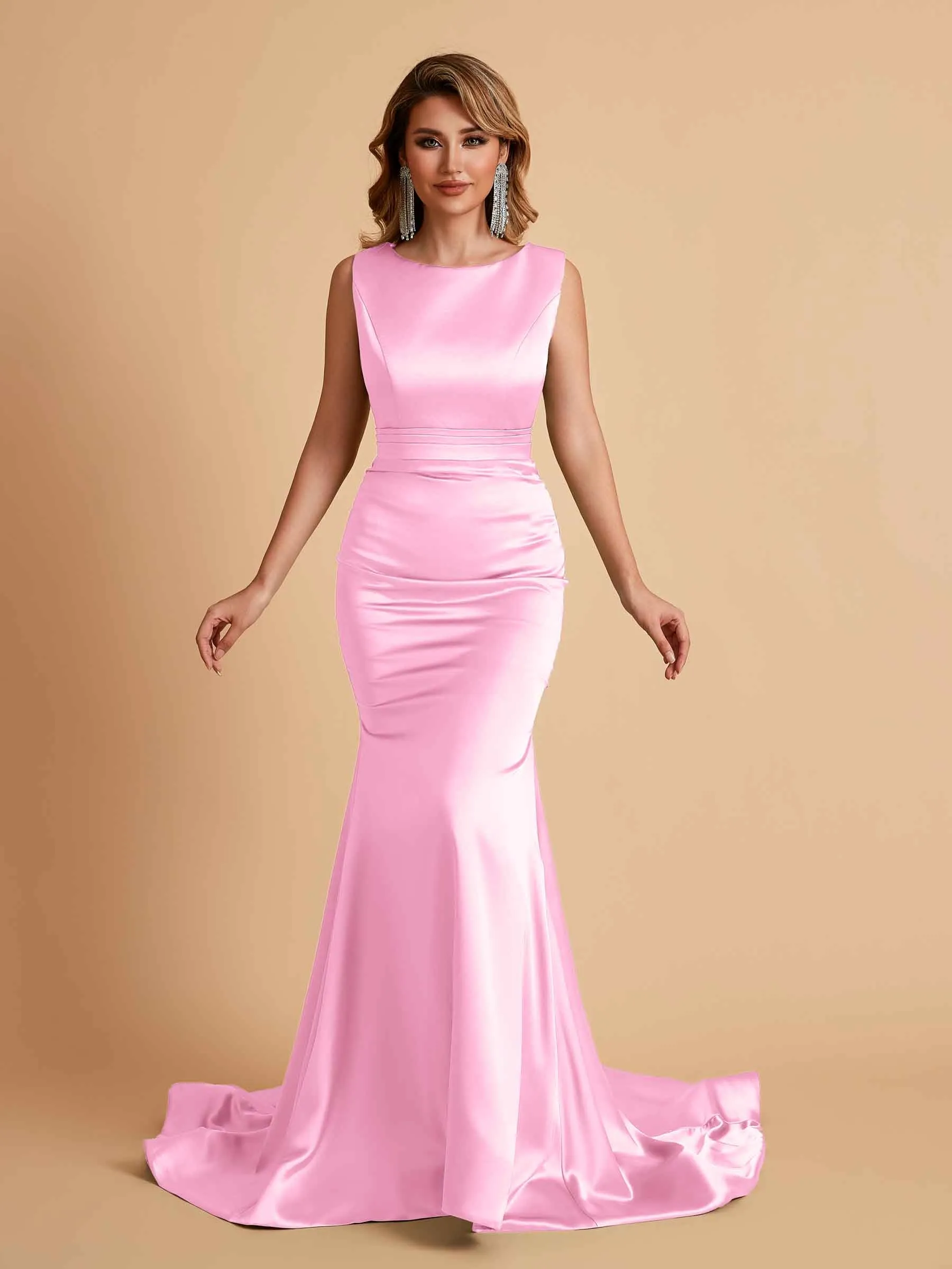 Elegant Satin Sleeveless Pleats Mermaid Bridesmaid Dresses Floor Length